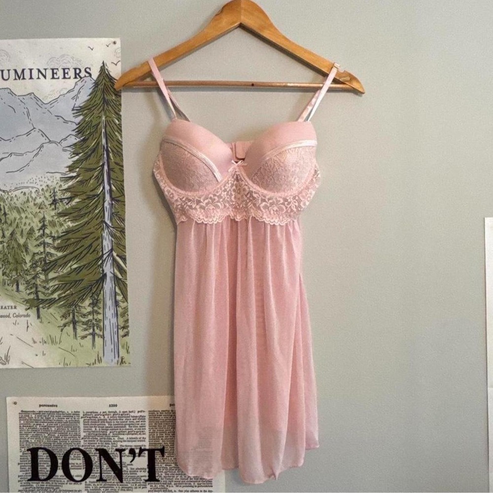 Pink lace coquette babydoll slip dress with adjustable straps